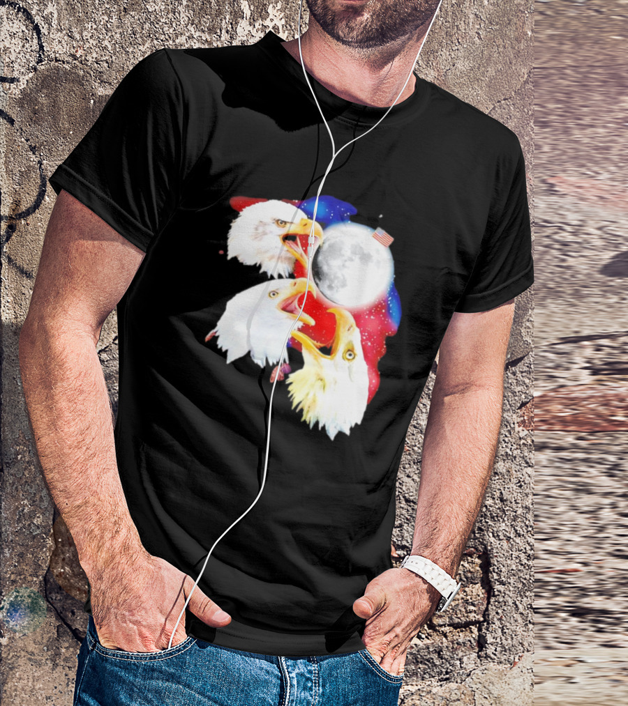 Three Eagles To The Moon American Flag Lunar Trio T-Shirt