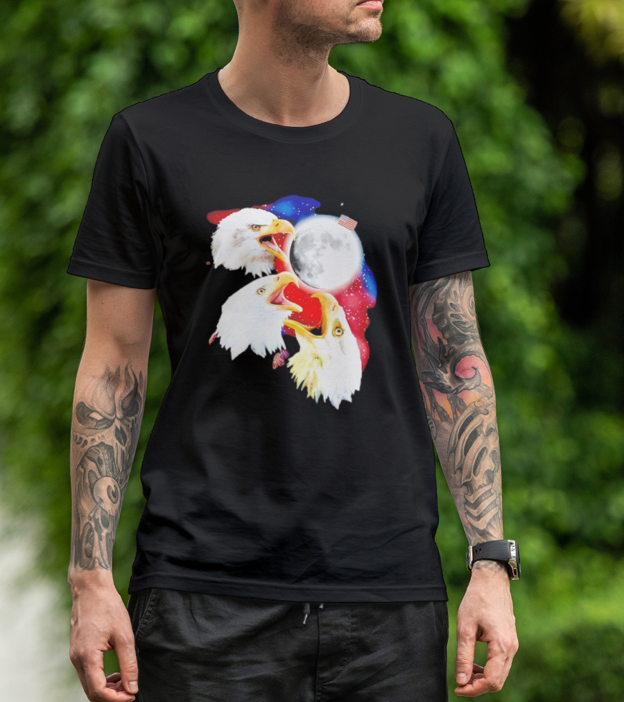 Three Eagles To The Moon American Flag Lunar Trio T-Shirt