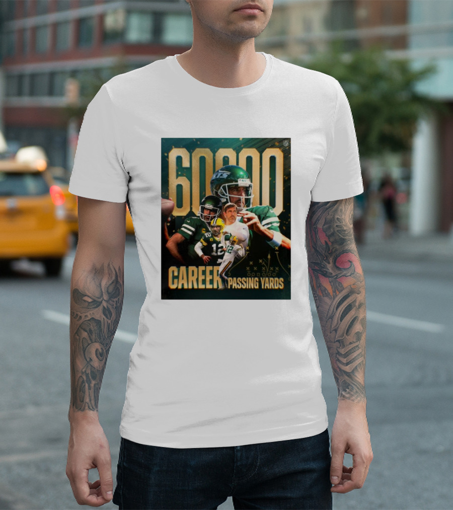 60,000 Career Passing Yards Aaron Rodgers New York Jets NFL Quarterback Achievement T-Shirt
