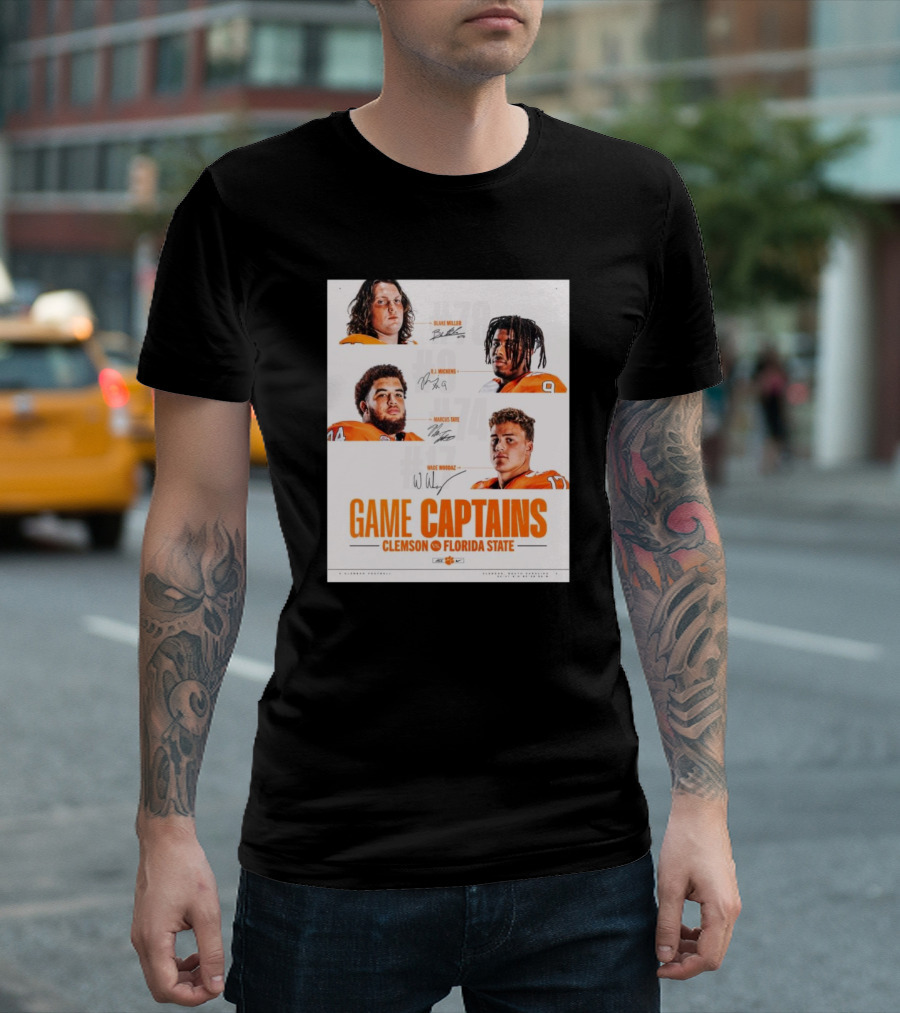 Clemson Tigers Vs Florida State Game Captains Signatures Blake Miller RJ Mickens Marcus Tate Wade Woodaz T-Shirt