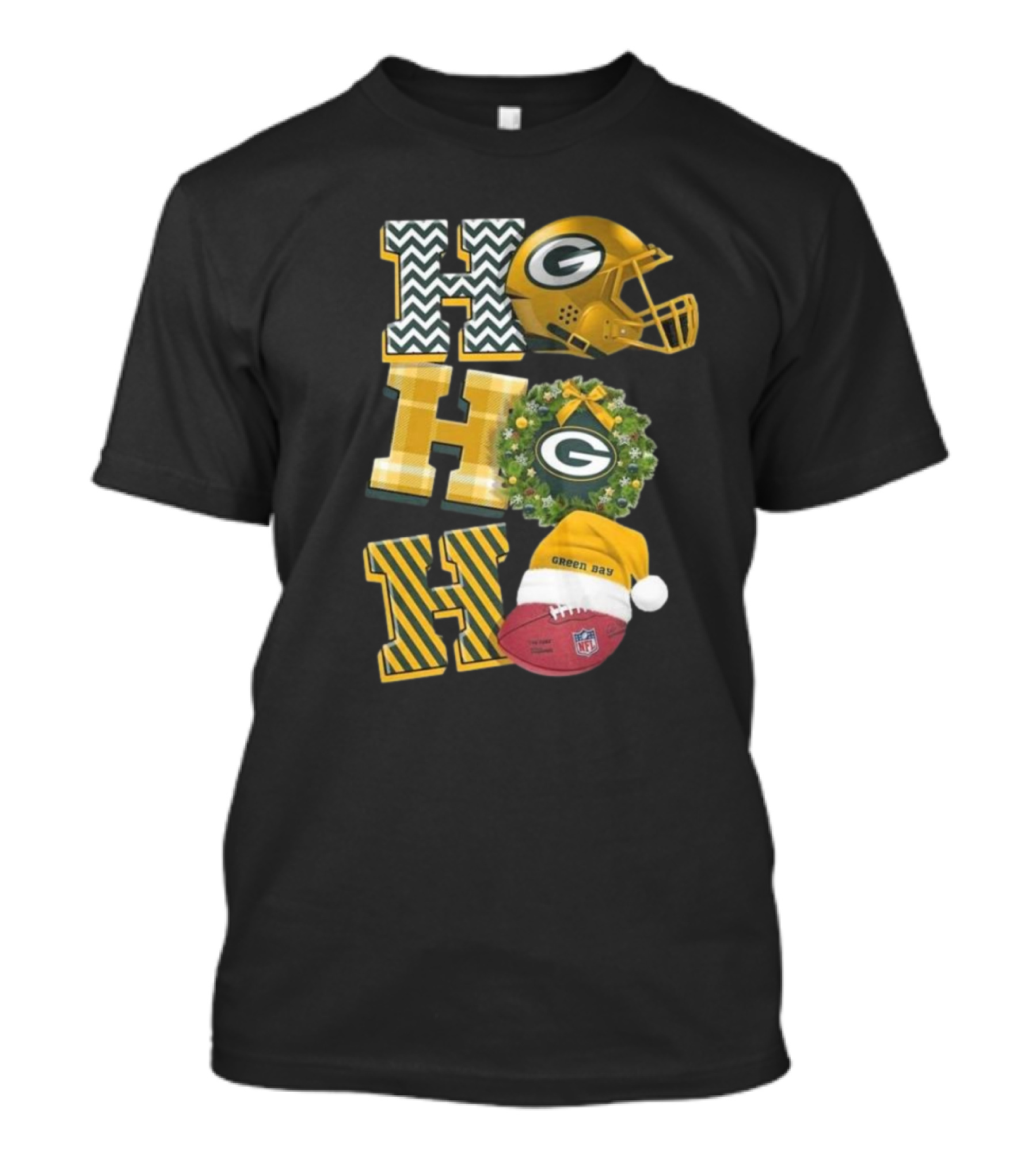 Green Bay Packers Christmas 2024 Ho Ho Ho Football Helmet And Wreath T-Shirt