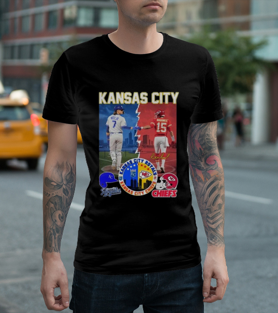 Kansas City Royals Bobby Witt Jr and Chiefs Patrick Mahomes Skyline Logos and Signatures T-Shirt