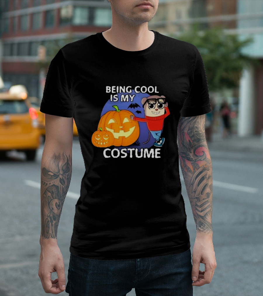 Maxdesignpro Being Cool Is My Costume Halloween 2024 Pumpkin Character with Glasses and Bats T-Shirt
