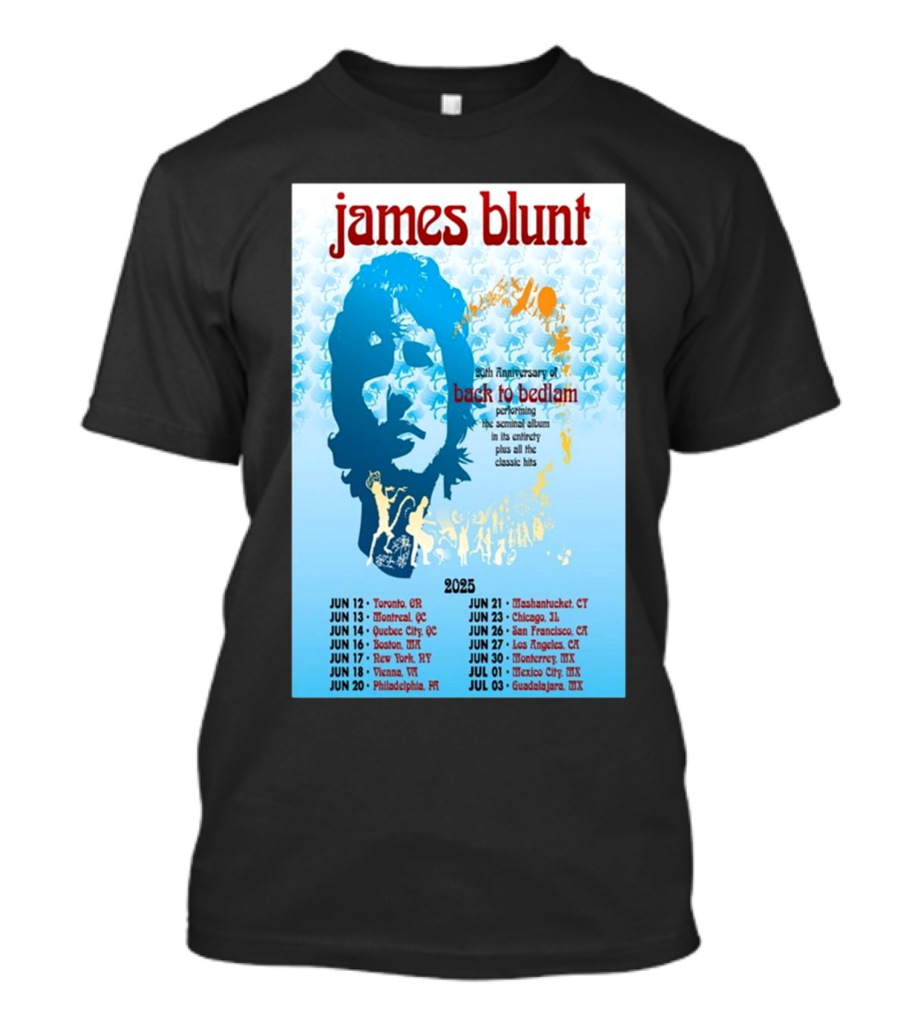 James Blunt 20th Anniversary Back To Bedlam Performing Summer 2025 Tour Dates T-Shirt