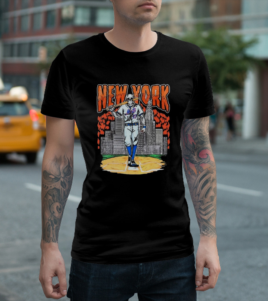 Reed Garrett New York Mets MLB Painting Skeleton Batter City Skyline T-Shirt