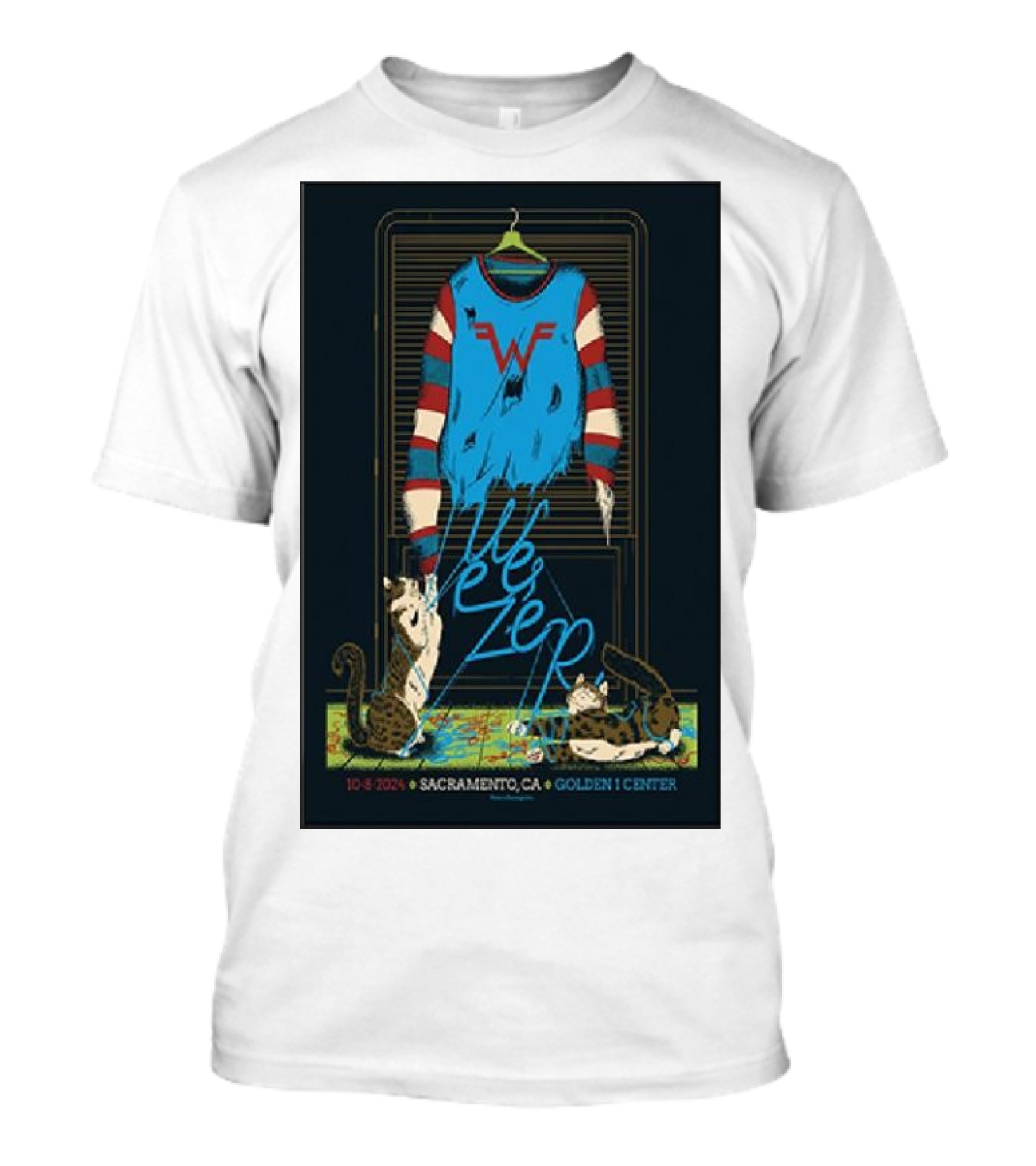 Weezer October 8 2024 Golden 1 Center Sacramento CA Striped Sweater Cats Map T-Shirt