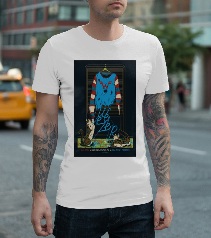 Weezer October 8 2024 Golden 1 Center Sacramento CA Striped Sweater Cats Map T-Shirt