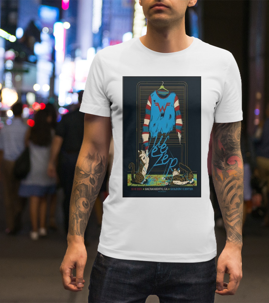 Weezer October 8 2024 Golden 1 Center Sacramento CA Striped Sweater Cats Map T-Shirt