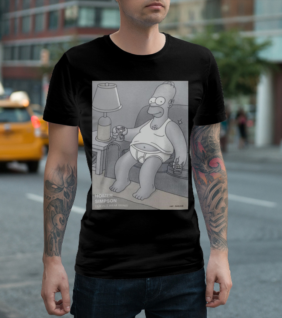 Homer Simpson Doesn't Wear Khakis Sitting Couch Drink Can Remote Control T-Shirt