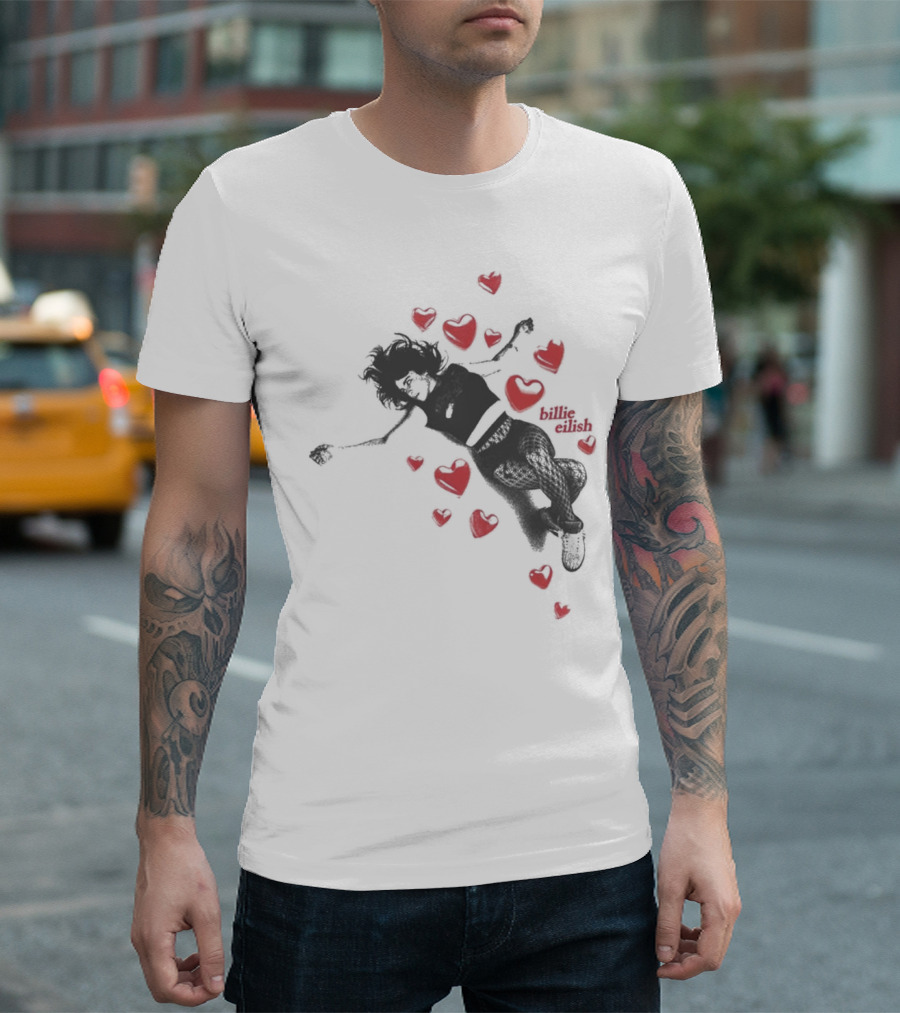 Billie Eilish Surrounded by Floating Red Hearts Valentine T-Shirt