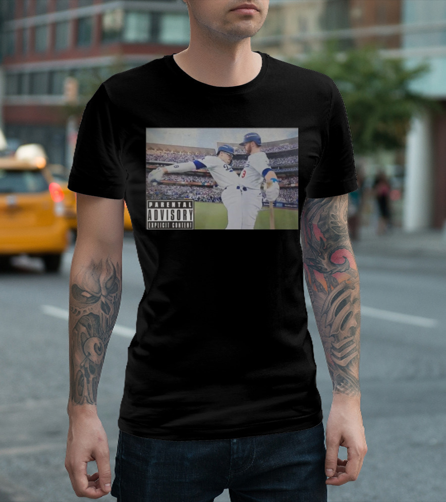 Clayton Kershaw Shohei Ohtani Los Angeles Dodgers Parental Advisory Explicit Content Stadium Scene T-Shirt
