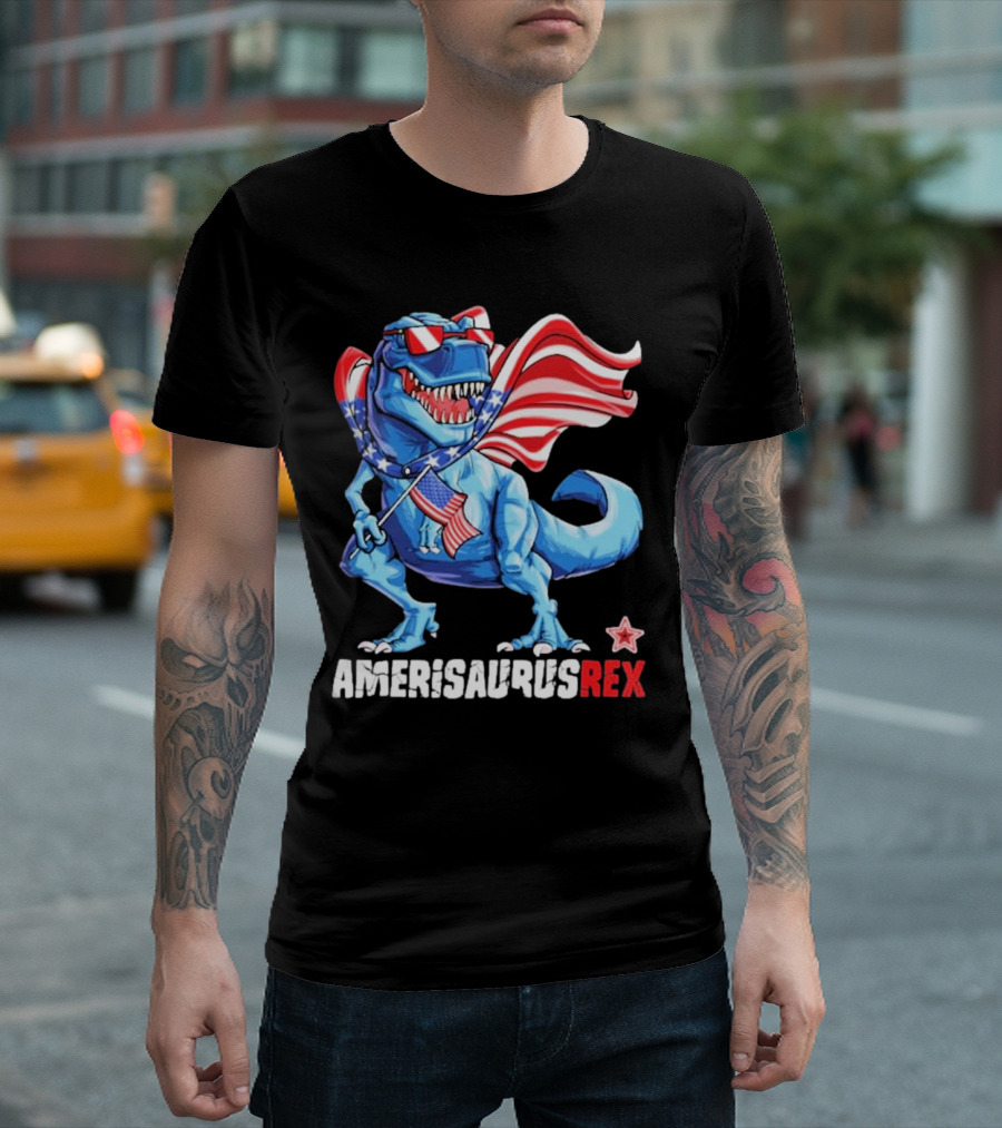Amerisaurus Rex 4th Of July Dinosaur With Flag And Sunglasses T-Shirt