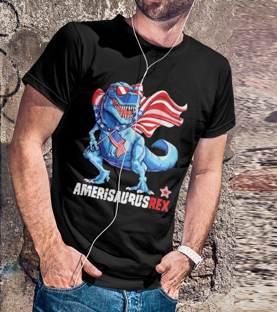 Amerisaurus Rex 4th Of July Dinosaur With Flag And Sunglasses T-Shirt