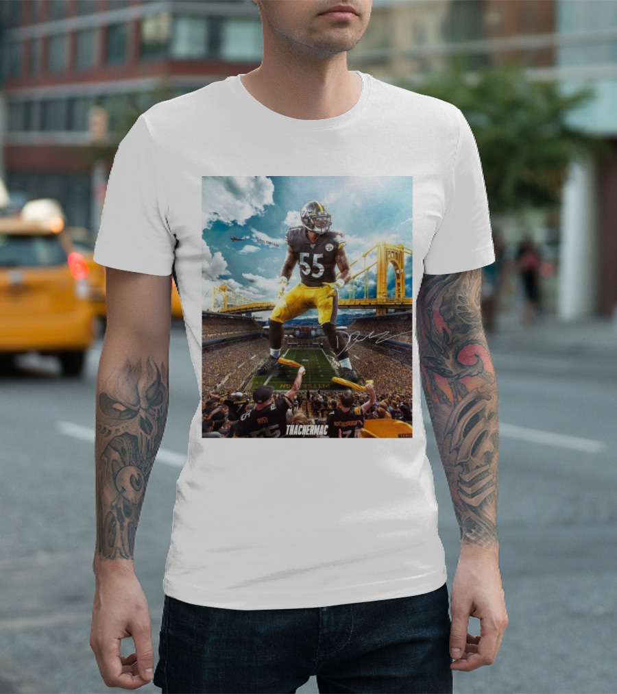 Thachermac Pittsburgh Steelers 55 Player In Stadium With Signature And Bridge Background T-Shirt