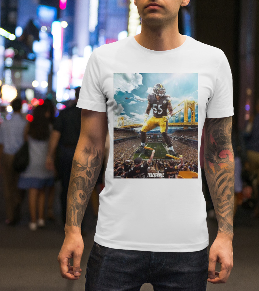 Thachermac Pittsburgh Steelers 55 Player In Stadium With Signature And Bridge Background T-Shirt