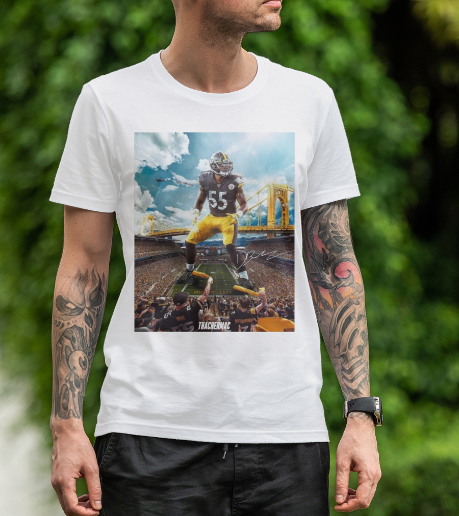 Thachermac Pittsburgh Steelers 55 Player In Stadium With Signature And Bridge Background T-Shirt