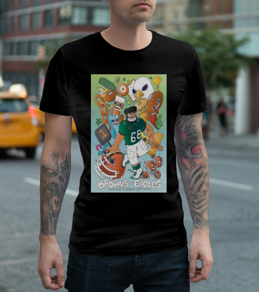 Browns Vs Eagles October 13th Cartoon Illustration Featuring Mascots And Helmet With Number 68 T-Shirt