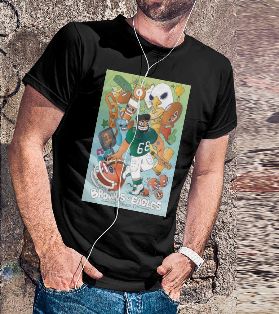 Browns Vs Eagles October 13th Cartoon Illustration Featuring Mascots And Helmet With Number 68 T-Shirt