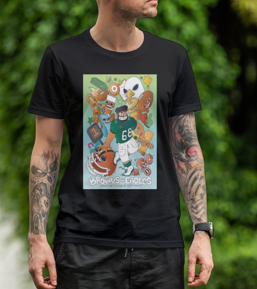 Browns Vs Eagles October 13th Cartoon Illustration Featuring Mascots And Helmet With Number 68 T-Shirt