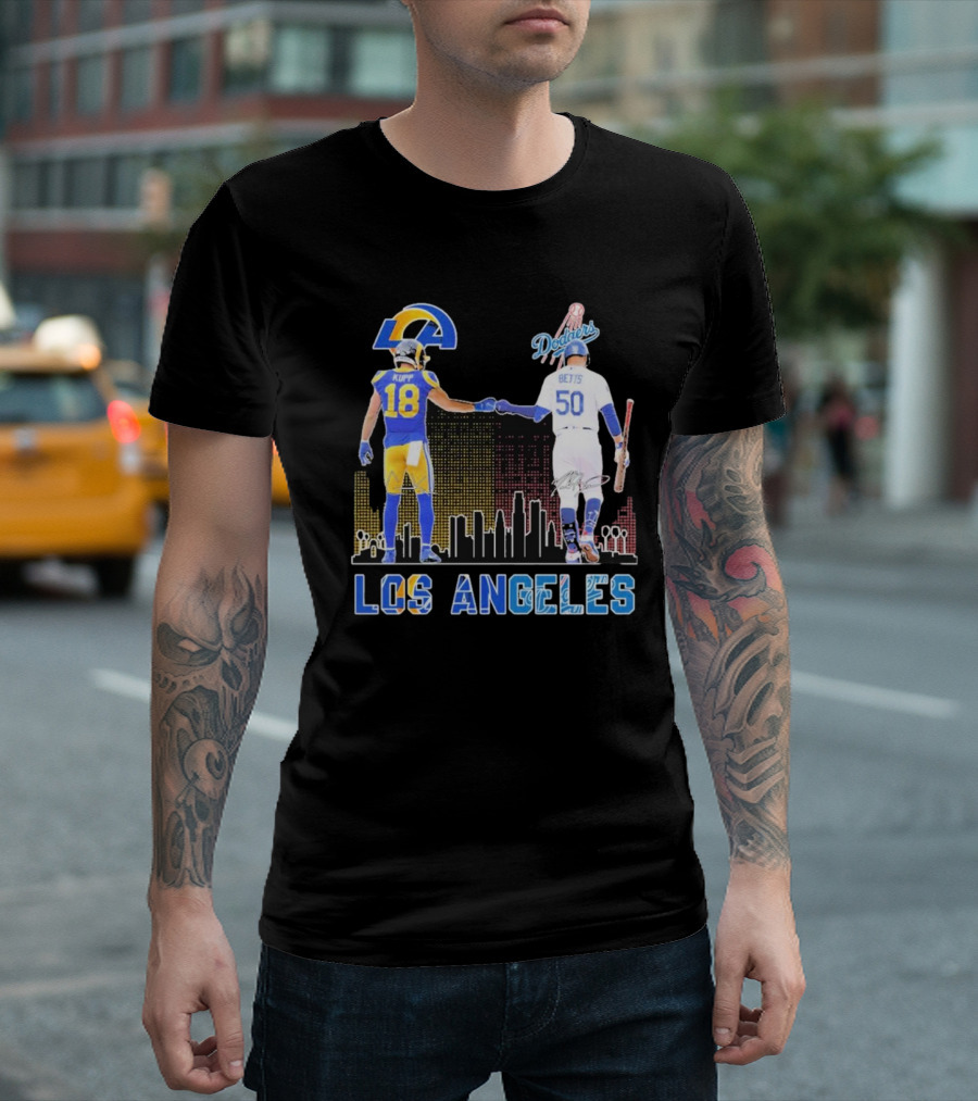 Los Angeles Rams and Dodgers Cooper Kupp Mookie Betts Skyline Collaboration T-Shirt