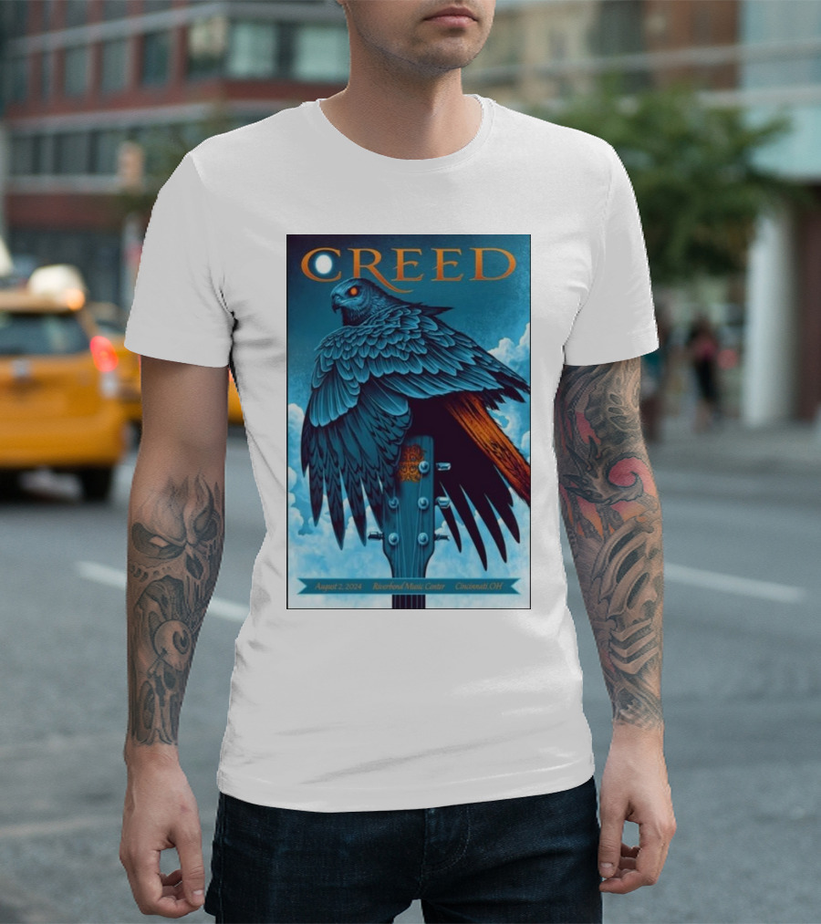 Creed August 2 2024 Riverbend Music Center Cincinnati OH Concert Raven Guitar T-Shirt