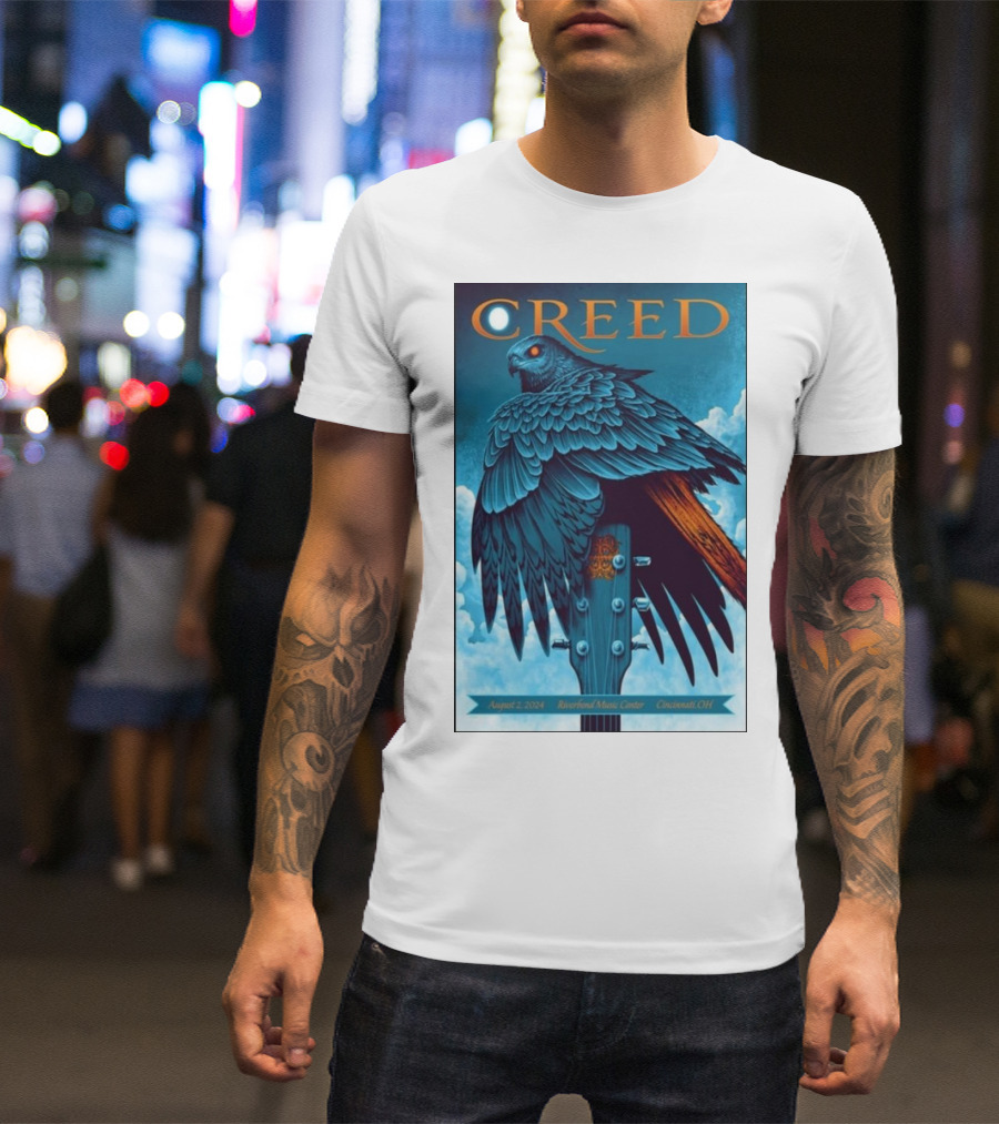 Creed August 2 2024 Riverbend Music Center Cincinnati OH Concert Raven Guitar T-Shirt