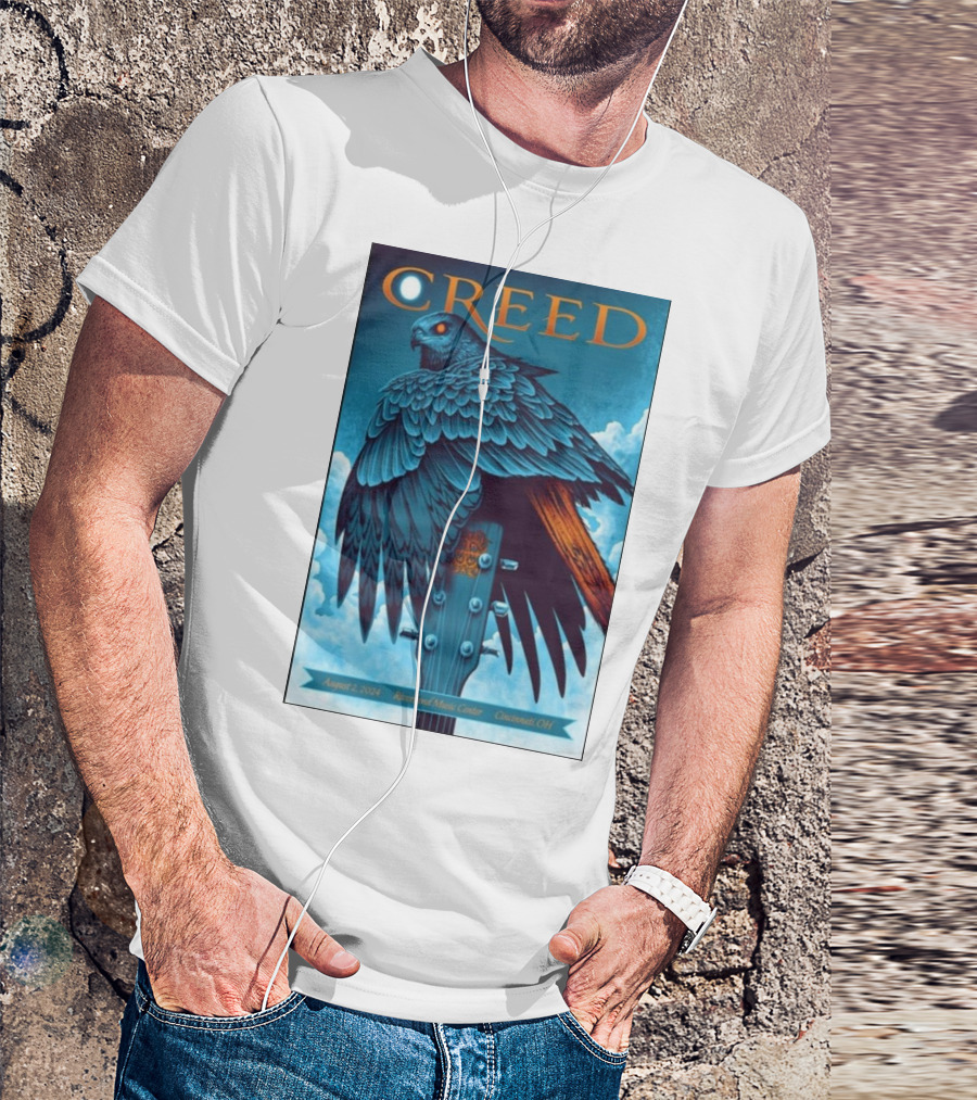 Creed August 2 2024 Riverbend Music Center Cincinnati OH Concert Raven Guitar T-Shirt