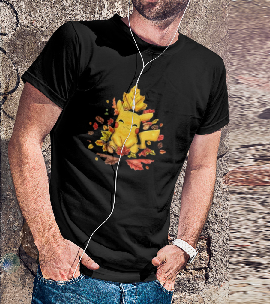 Pikachu Surrounded By Autumn Leaves And Acorns T-Shirt