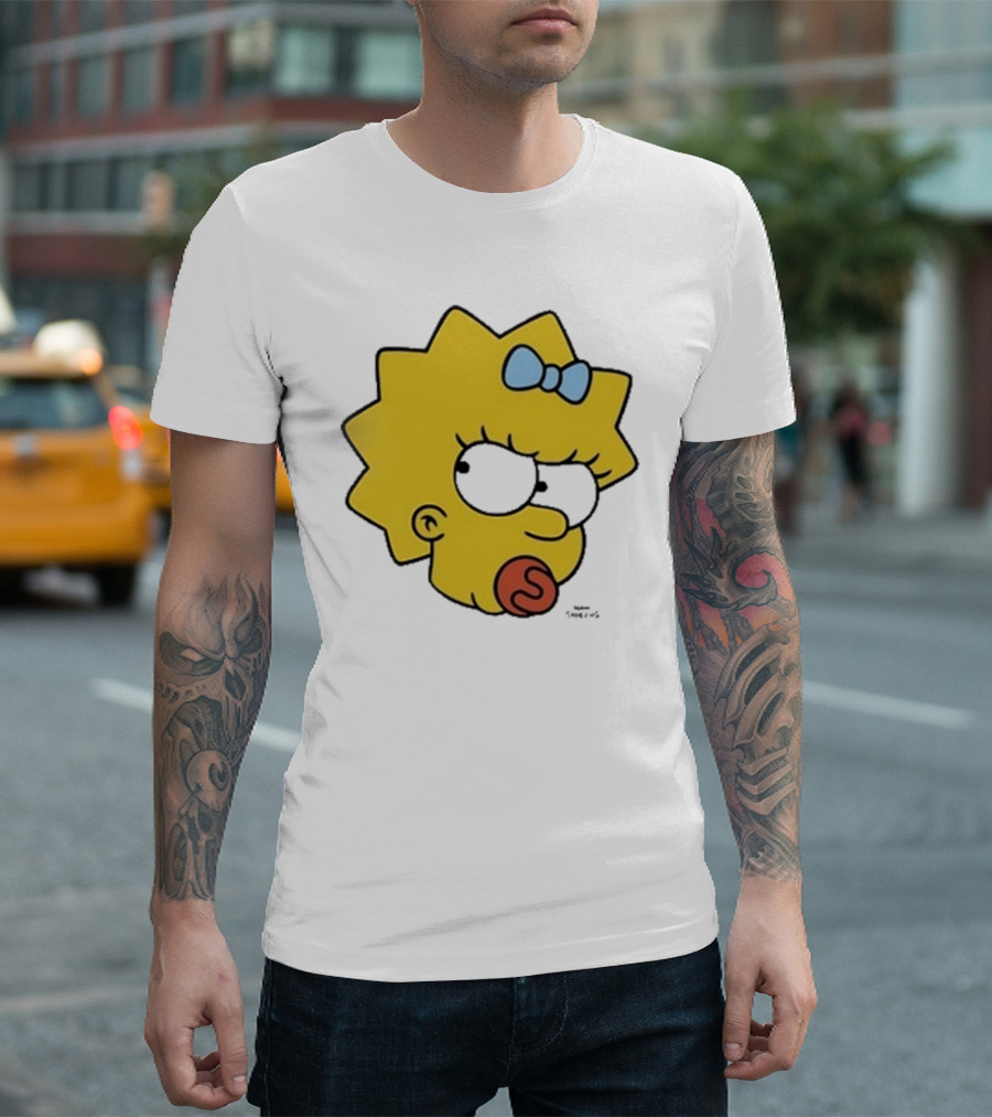 Simpsons Maggie Angry Big Face Black Sunglasses Blue Bow T-Shirt