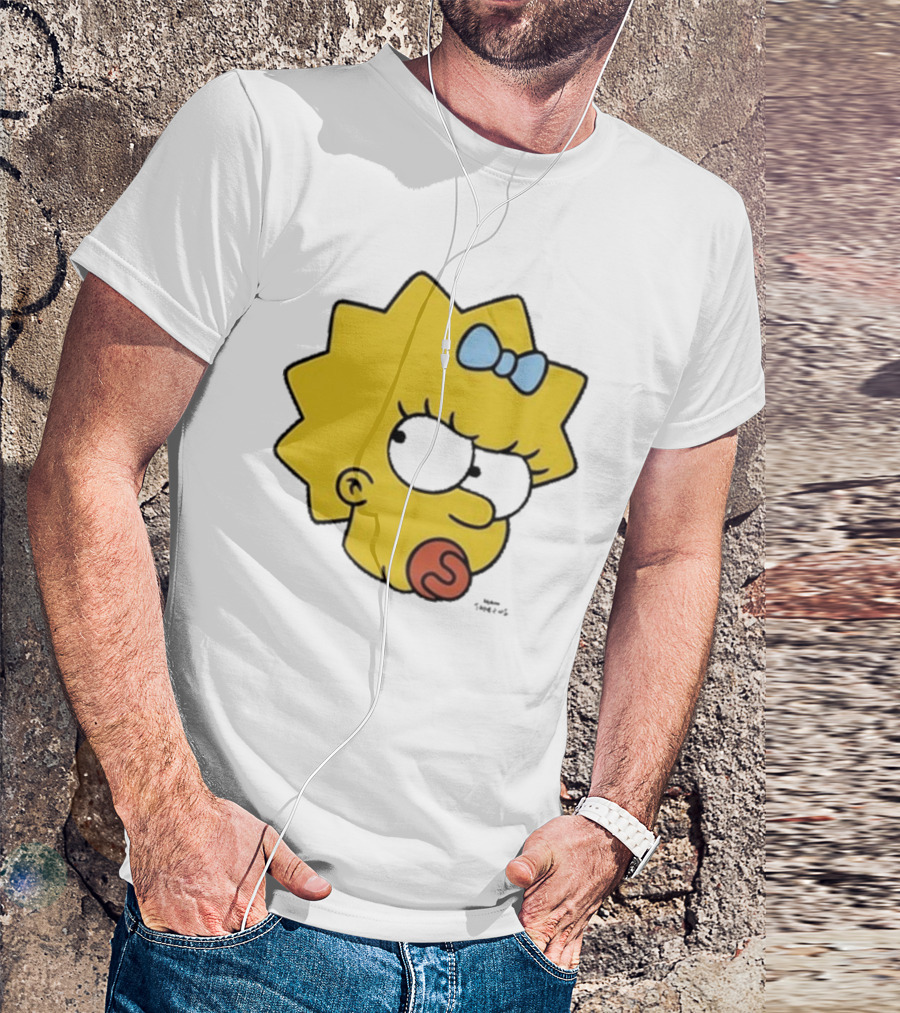 Simpsons Maggie Angry Big Face Black Sunglasses Blue Bow T-Shirt