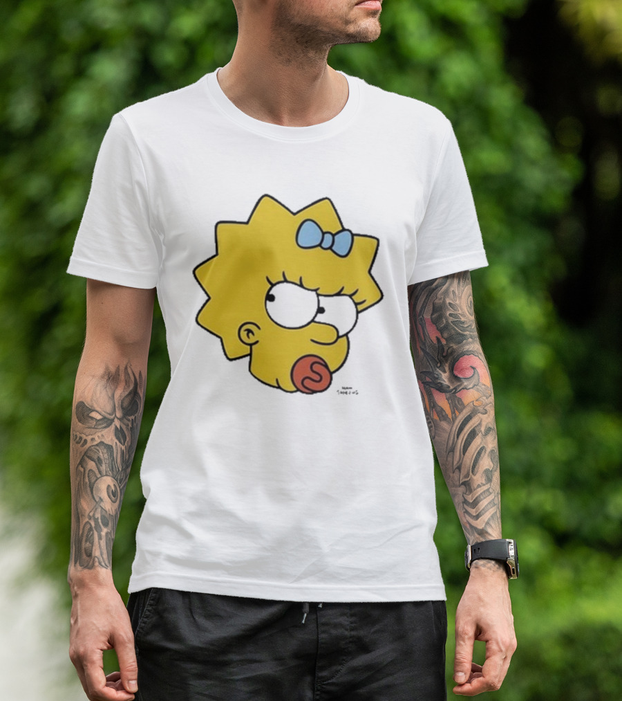 Simpsons Maggie Angry Big Face Black Sunglasses Blue Bow T-Shirt