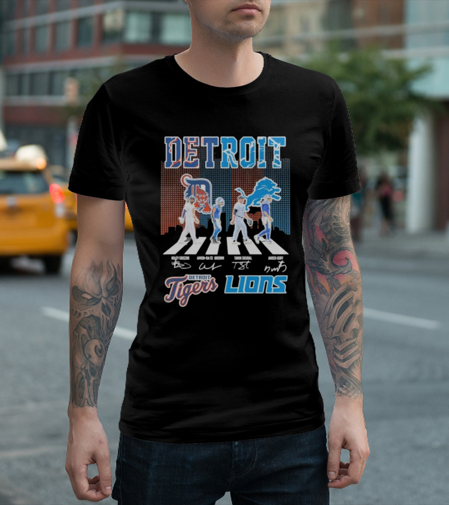 Detroit Lions Detroit Tigers Abbey Road Riley Greene Amon-Ra St. Brown Tarik Skubal Jared Goff Signatures T-Shirt