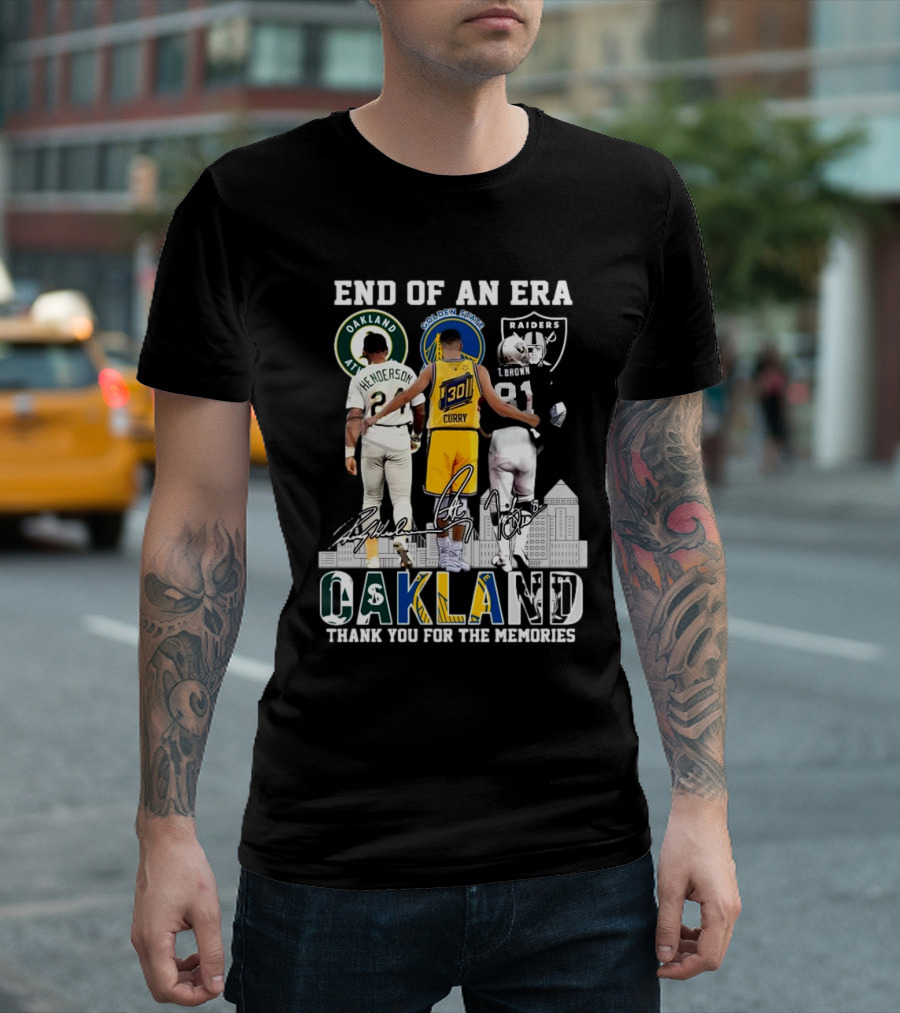 End Of An Era Oakland Henderson Curry Brown Thank You For The Memories Signatures T-Shirt