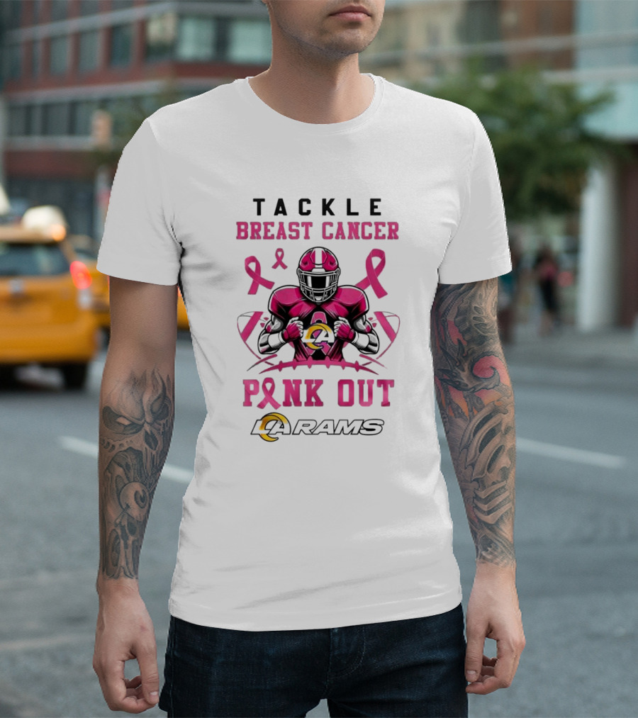 Los Angeles Rams Tackle Breast Cancer Pink Out 2024 Pink Ribbon Football Player T-Shirt