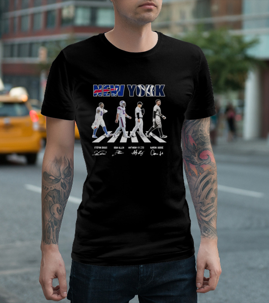 New York Teams Buffalo Bills Yankees Stefon Diggs Josh Allen Anthony Rizzo Aaron Judge Walking Signatures T-Shirt