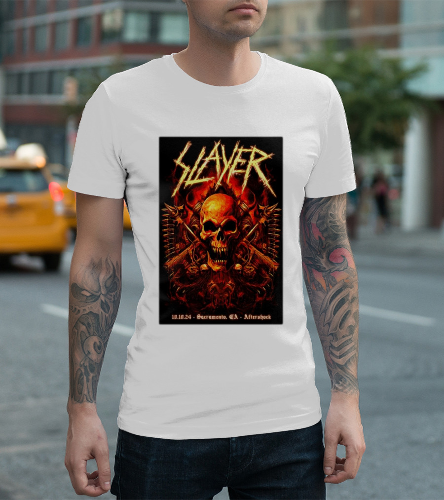 Slayer Aftershock Tour Sacramento CA October 10 2024 Skull And Crossed Swords T-Shirt