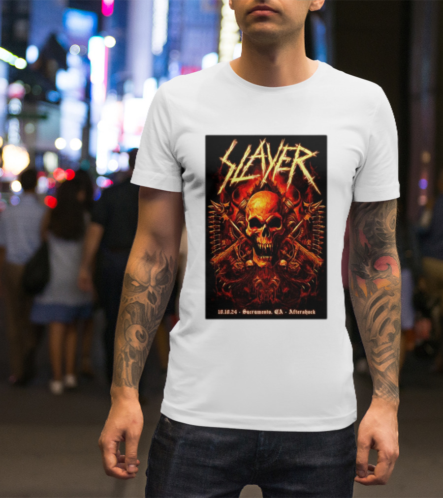 Slayer Aftershock Tour Sacramento CA October 10 2024 Skull And Crossed Swords T-Shirt