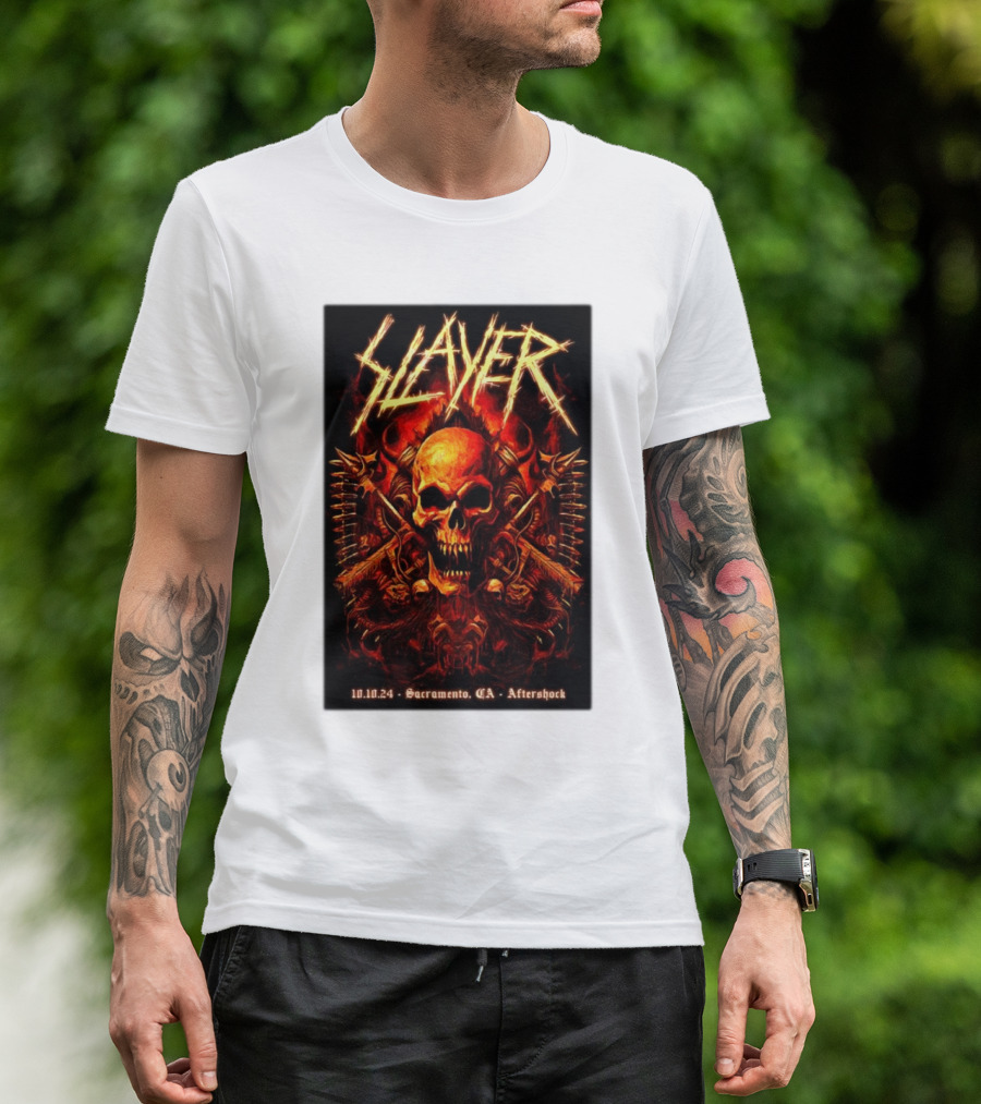 Slayer Aftershock Tour Sacramento CA October 10 2024 Skull And Crossed Swords T-Shirt