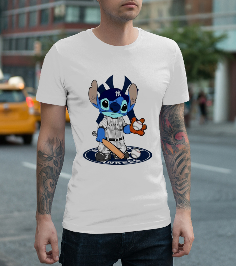Stitch Yankees 2024 Baseball Character with Cap and Bat T-Shirt