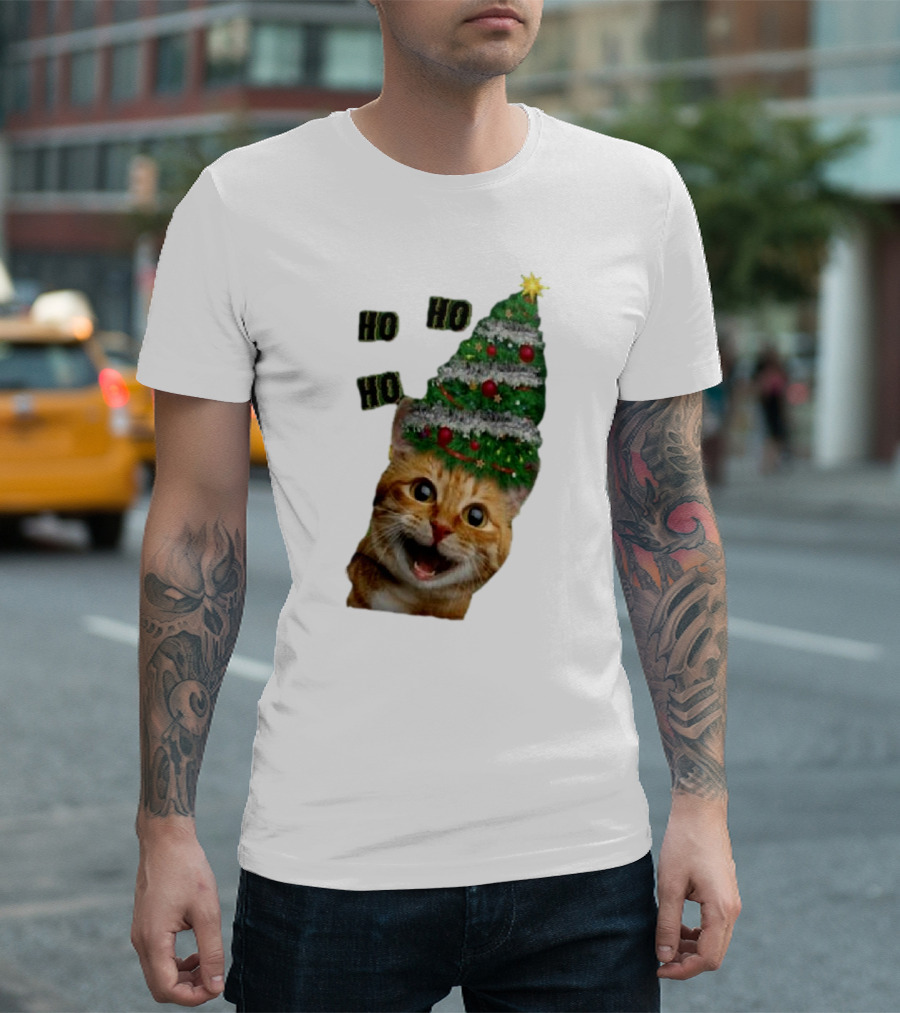 Cat With Christmas Tree Hat Ho Ho Ho Christmas T-Shirt