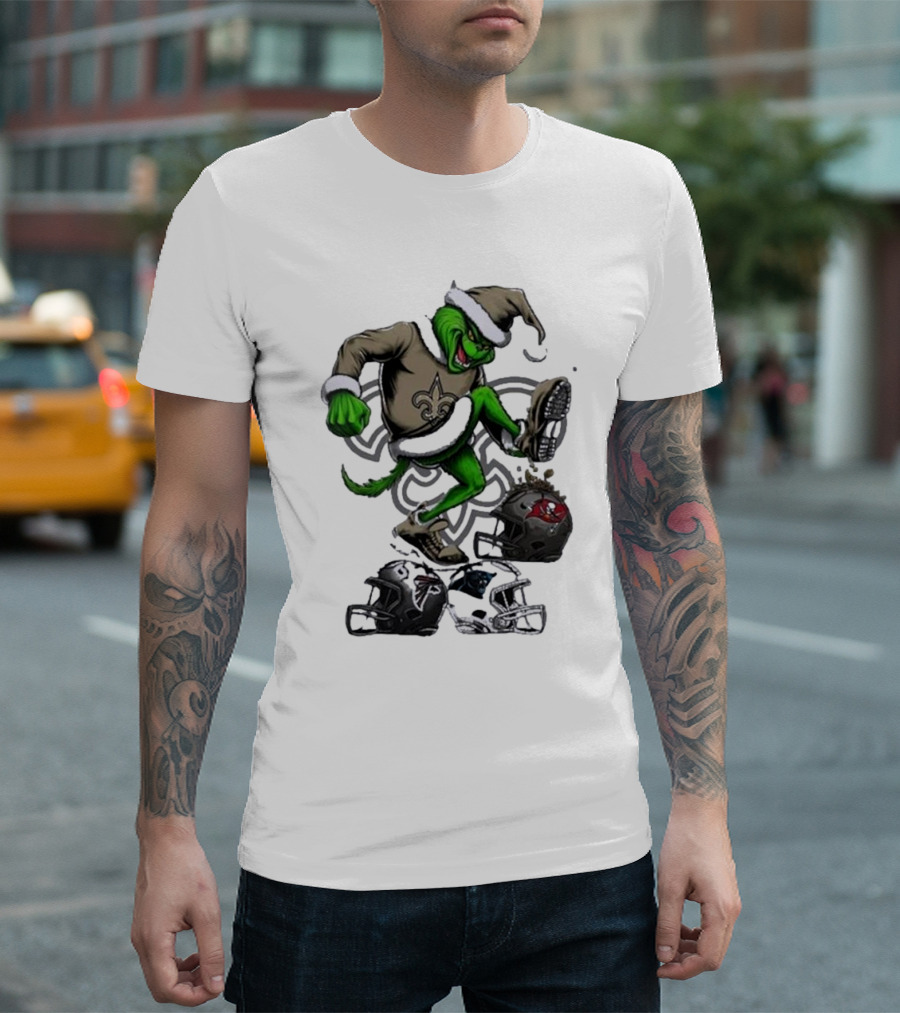 Grinch Crushes Rival NFL Teams in New Orleans Saints Gear T-Shirt
