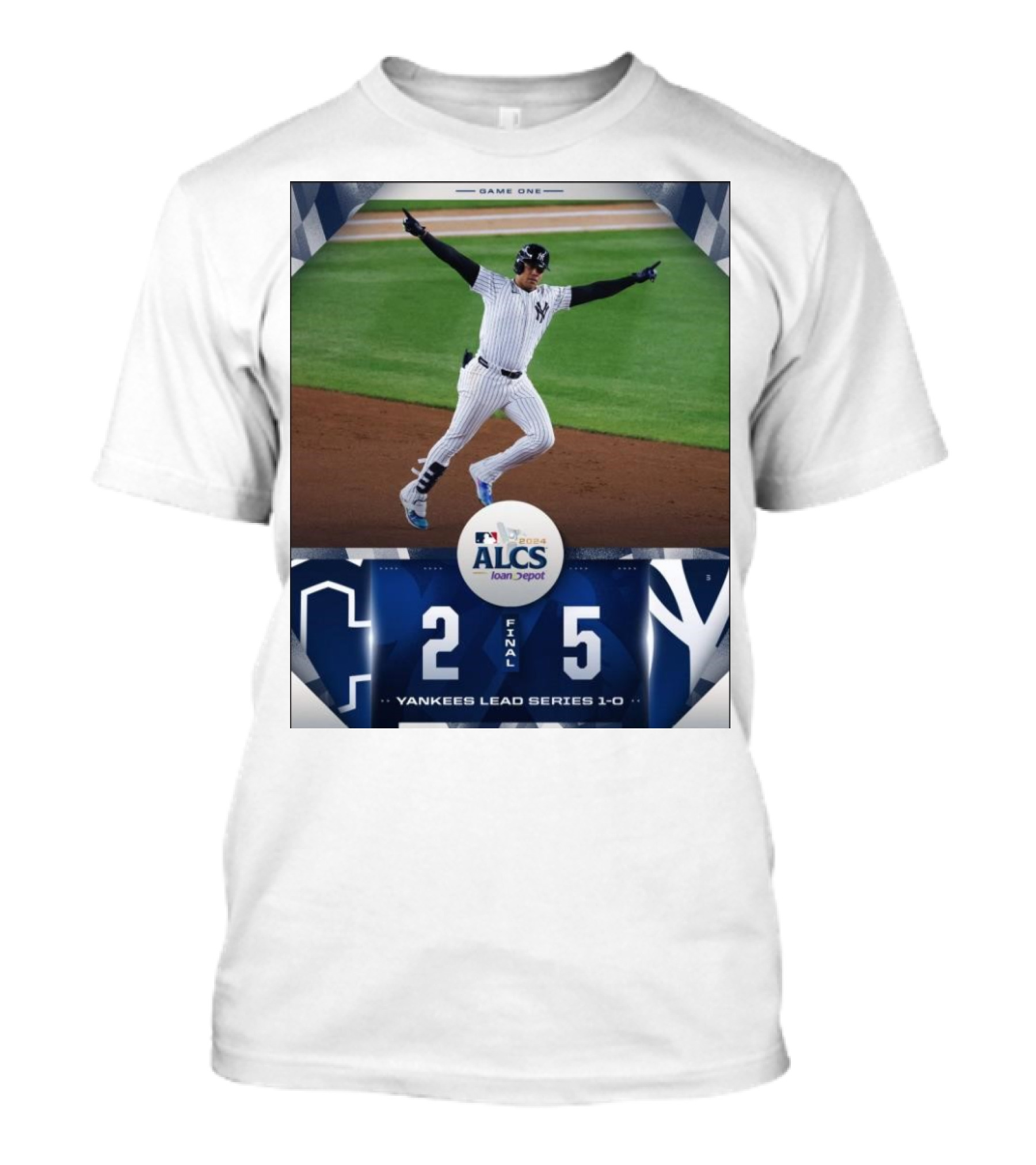 MLB 2024 ALCS Game One Yankees 5 Cleveland Guardians 2 Yankees Lead Series 1-0 T-Shirt