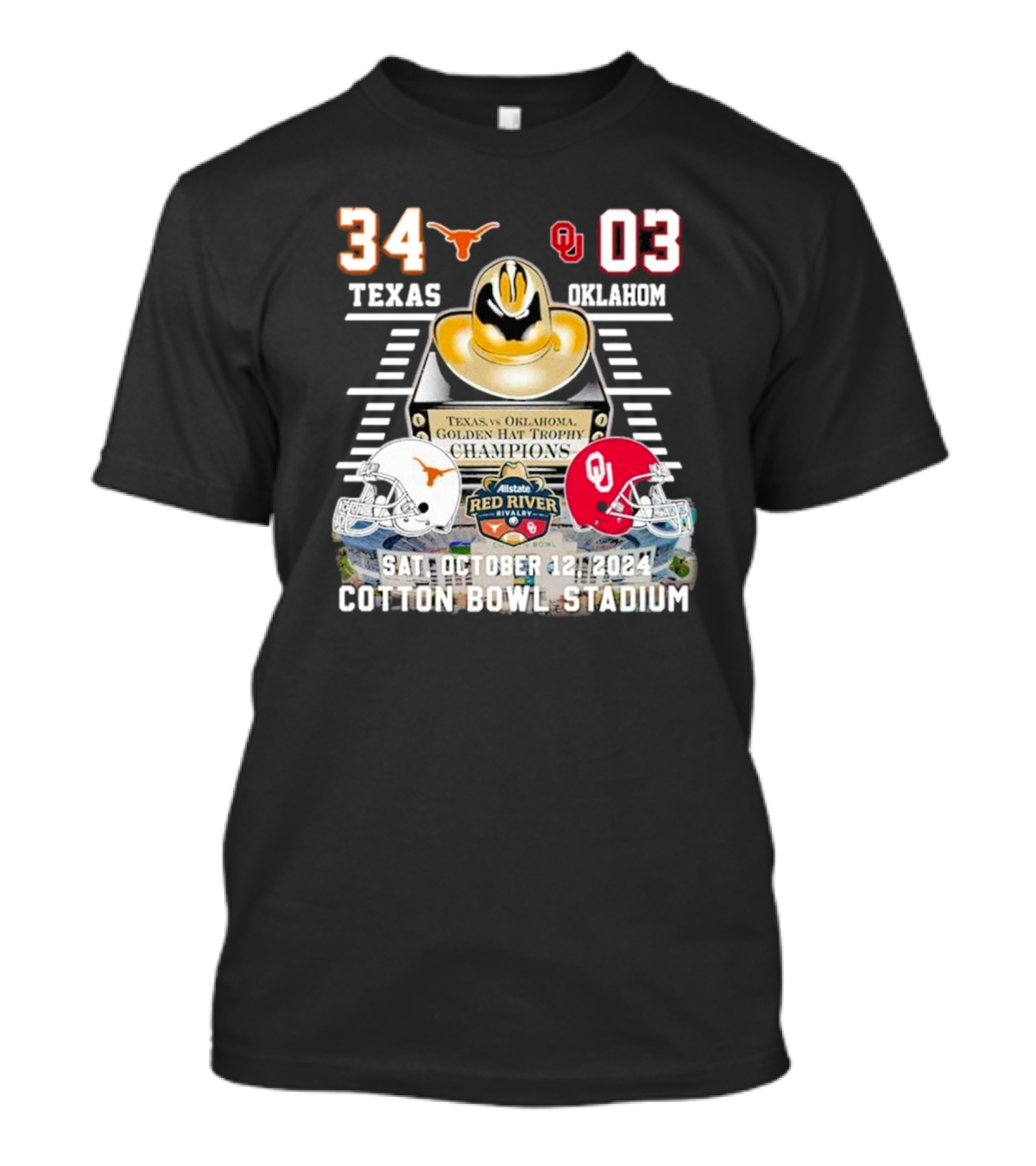 Texas Vs Oklahoma Red River Showdown 2024 Golden Hat Trophy Champions Cotton Bowl Stadium October 12 T-Shirt