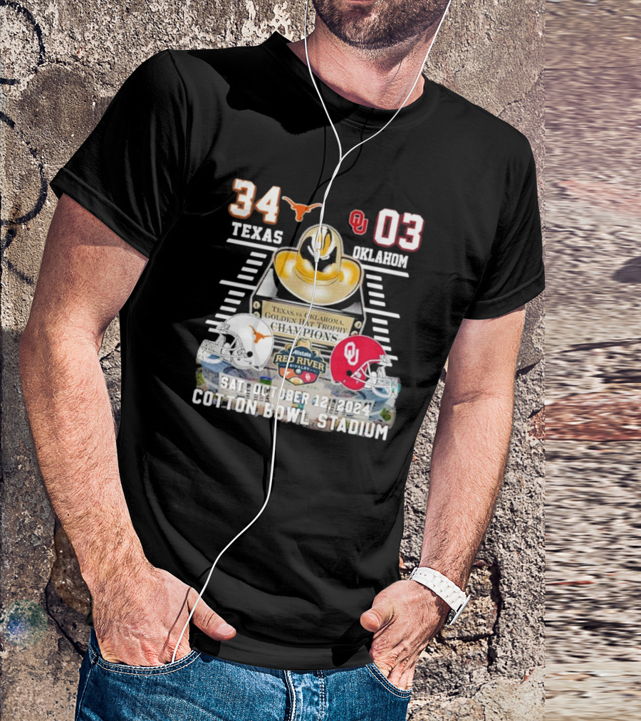 Texas Vs Oklahoma Red River Showdown 2024 Golden Hat Trophy Champions Cotton Bowl Stadium October 12 T-Shirt