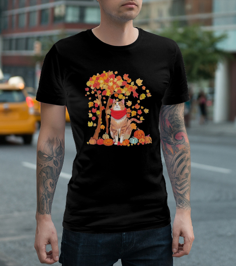 ItS Fall YAll Cat Leaf Fall Tree Hello Autumn Thanksgiving Pumpkin Scarf T-Shirt