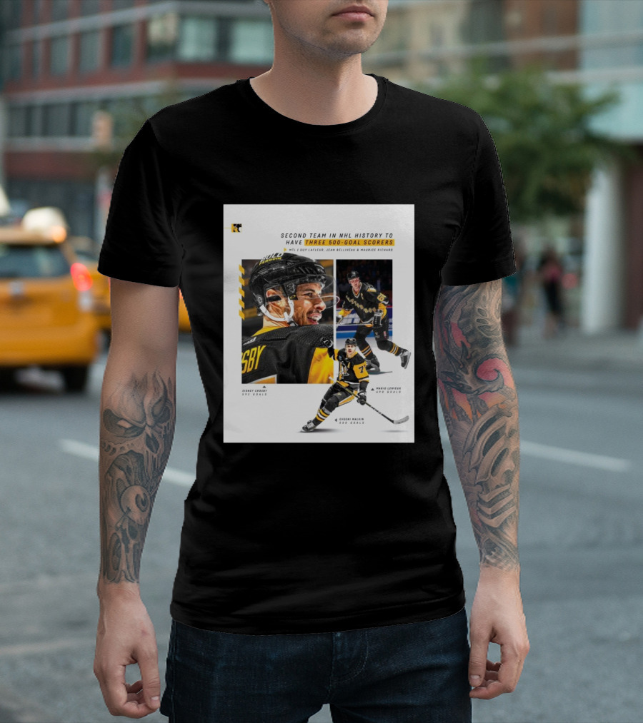Pittsburgh Penguins Historic 500 Goal Scorers Sidney Crosby Mario Lemieux Evgeni Malkin NHL Milestone T-Shirt