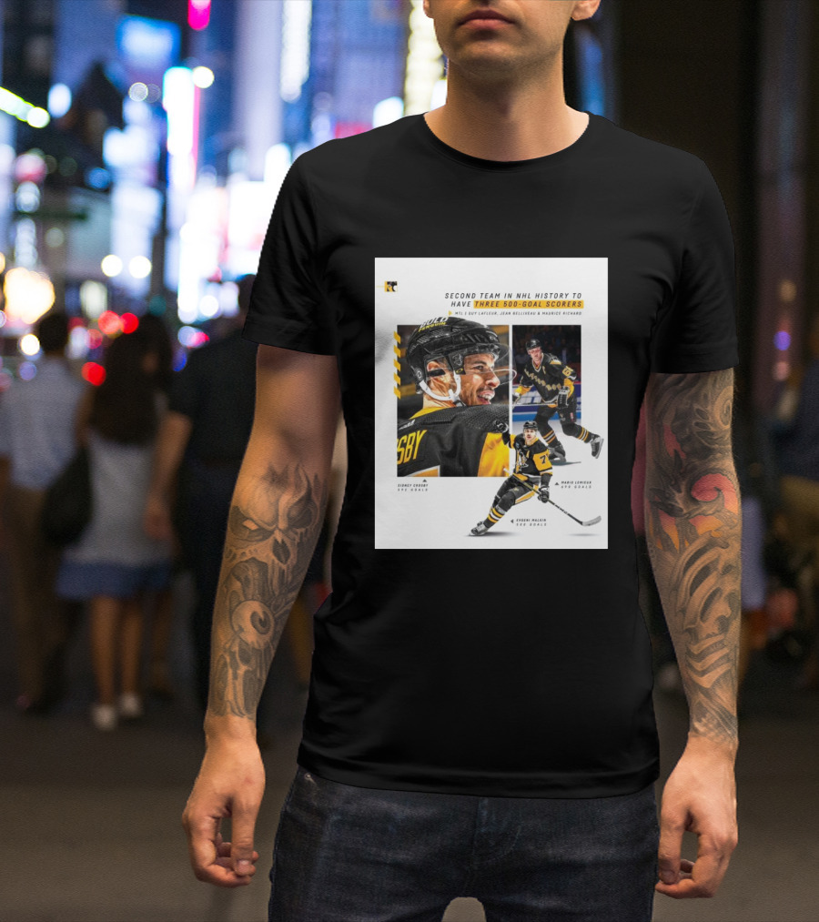 Pittsburgh Penguins Historic 500 Goal Scorers Sidney Crosby Mario Lemieux Evgeni Malkin NHL Milestone T-Shirt