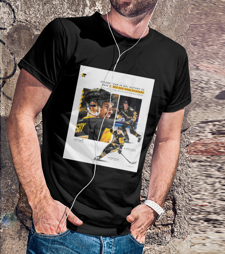 Pittsburgh Penguins Historic 500 Goal Scorers Sidney Crosby Mario Lemieux Evgeni Malkin NHL Milestone T-Shirt