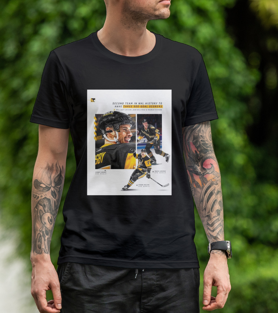 Pittsburgh Penguins Historic 500 Goal Scorers Sidney Crosby Mario Lemieux Evgeni Malkin NHL Milestone T-Shirt