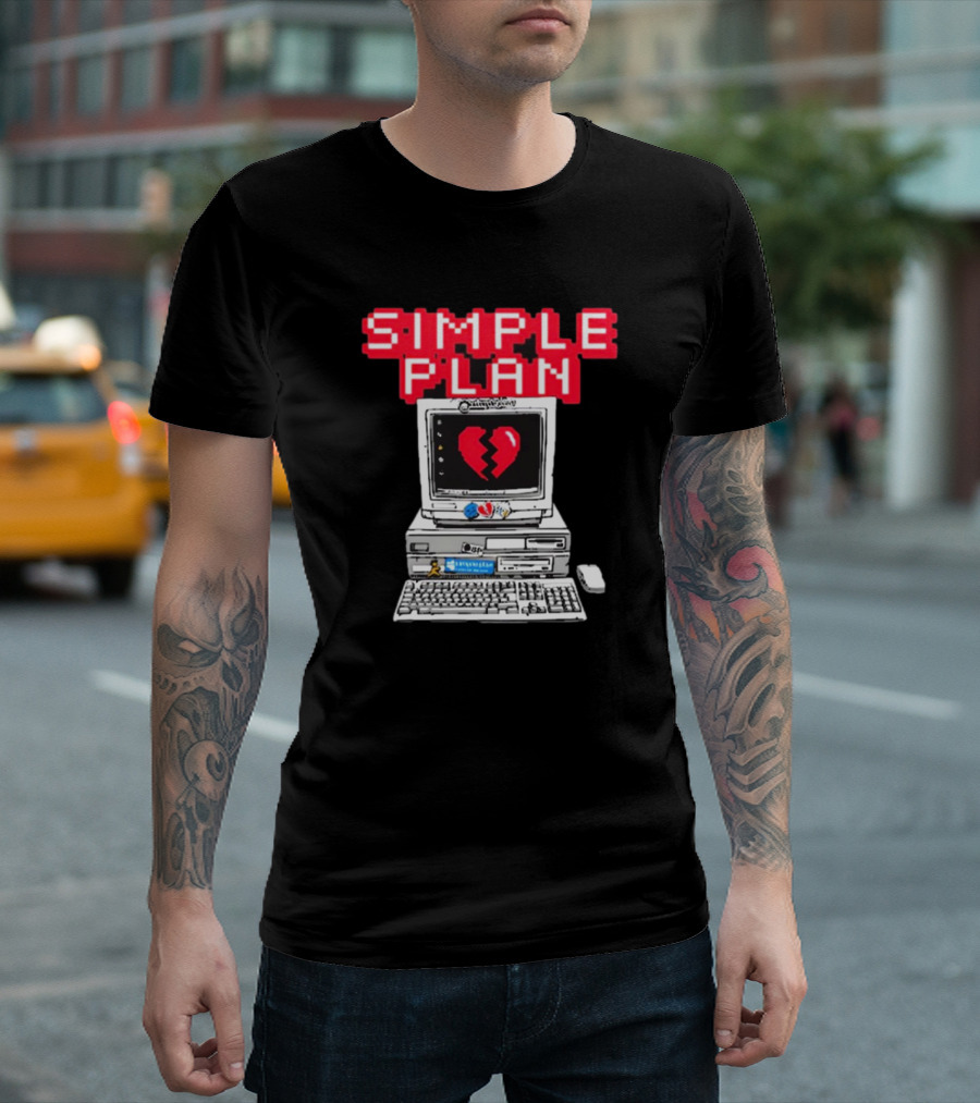 Simple Plan Retro Computer with Broken Heart Symbol T-Shirt